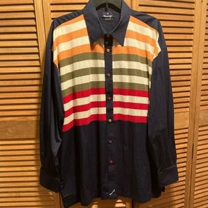 Richard Yoo Navy Blue Dress Shirt with Knit Striped Front